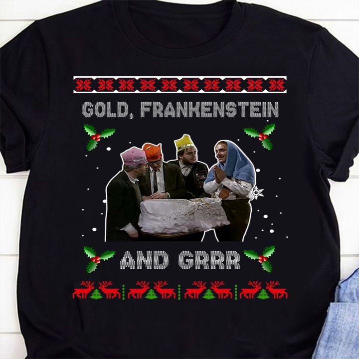 Gold Frankenstein and grrr Ugly Xmas Christmas sweater t-shirt shirt