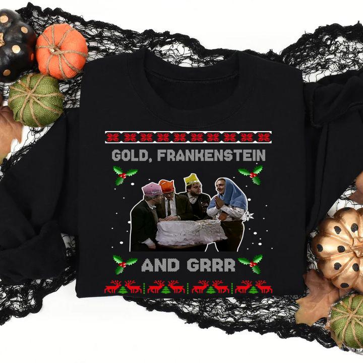 Gold Frankenstein and grrr Ugly Xmas Christmas sweater t-shirt sweatshirt