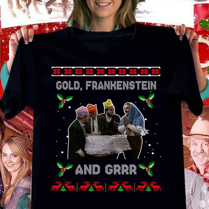 Gold Frankenstein and grrr Ugly Xmas Christmas sweater t-shirt woman shirt