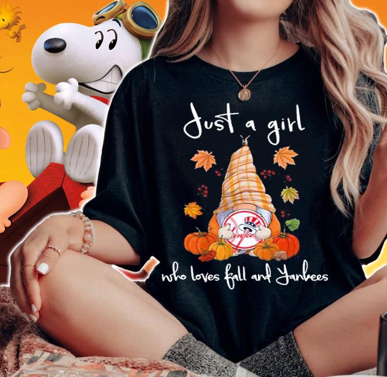 Gnome Just A Girl Who Loves Fall And New York Yankees Halloween t-shirt woman shirt