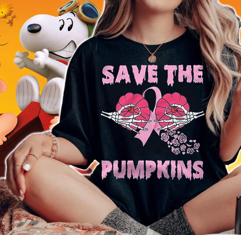 Save The Pumpkins Skeleton Hand Breast Cancer Pink Ribbon Shirt t-shirt woman shirt