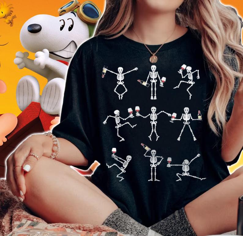 Skeleton Dancing With Hallo Wine Halloween Party Shirt woman shirt