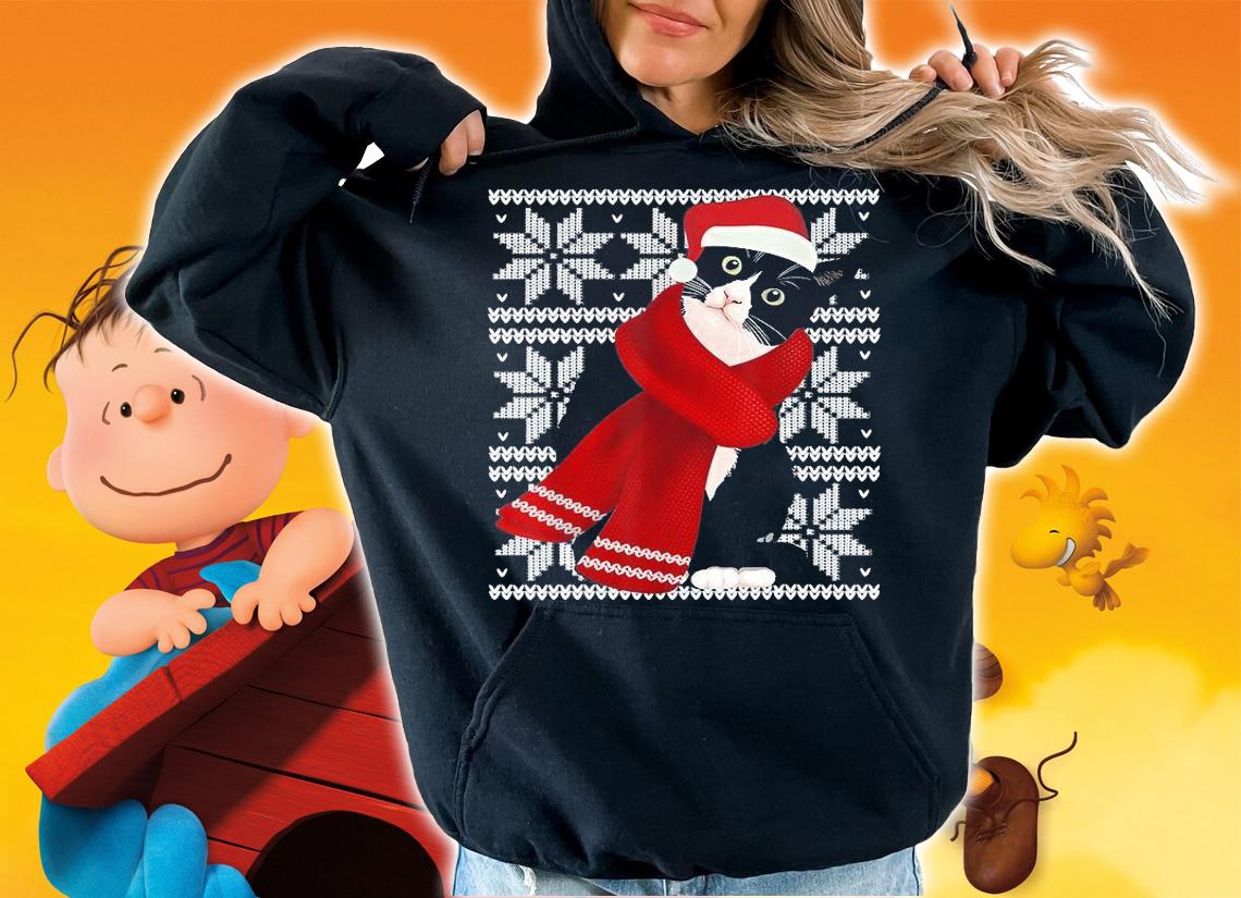 Ugly Christmas Black Cat Santa Hat Scarf Holiday Cute T-Shirt hoodie