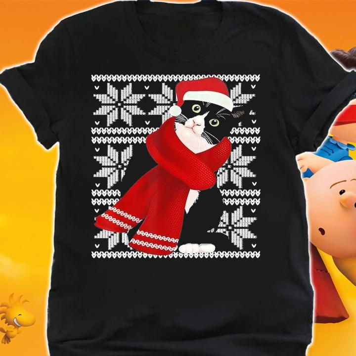 Ugly Christmas Black Cat Santa Hat Scarf Holiday Cute T-Shirt shirt