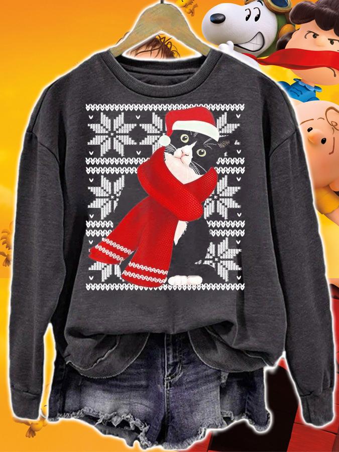 Ugly Christmas Black Cat Santa Hat Scarf Holiday Cute T-Shirt sweatshirt