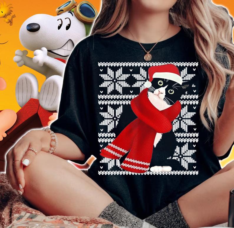 Ugly Christmas Black Cat Santa Hat Scarf Holiday Cute T-Shirt woman shirt