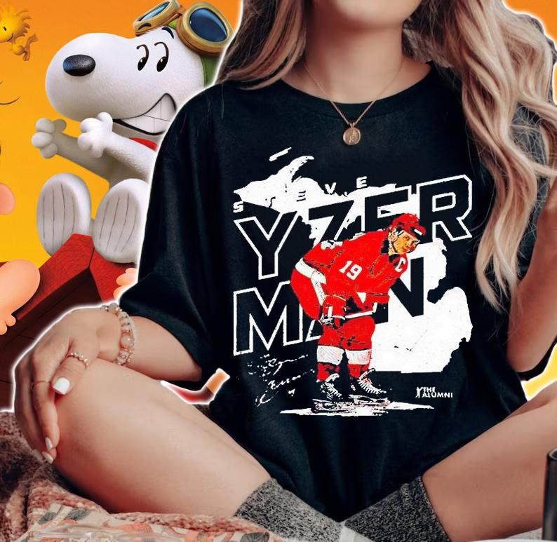 Detroit Red Wings Steve Yzerman player map signature T-shirt woman shirt