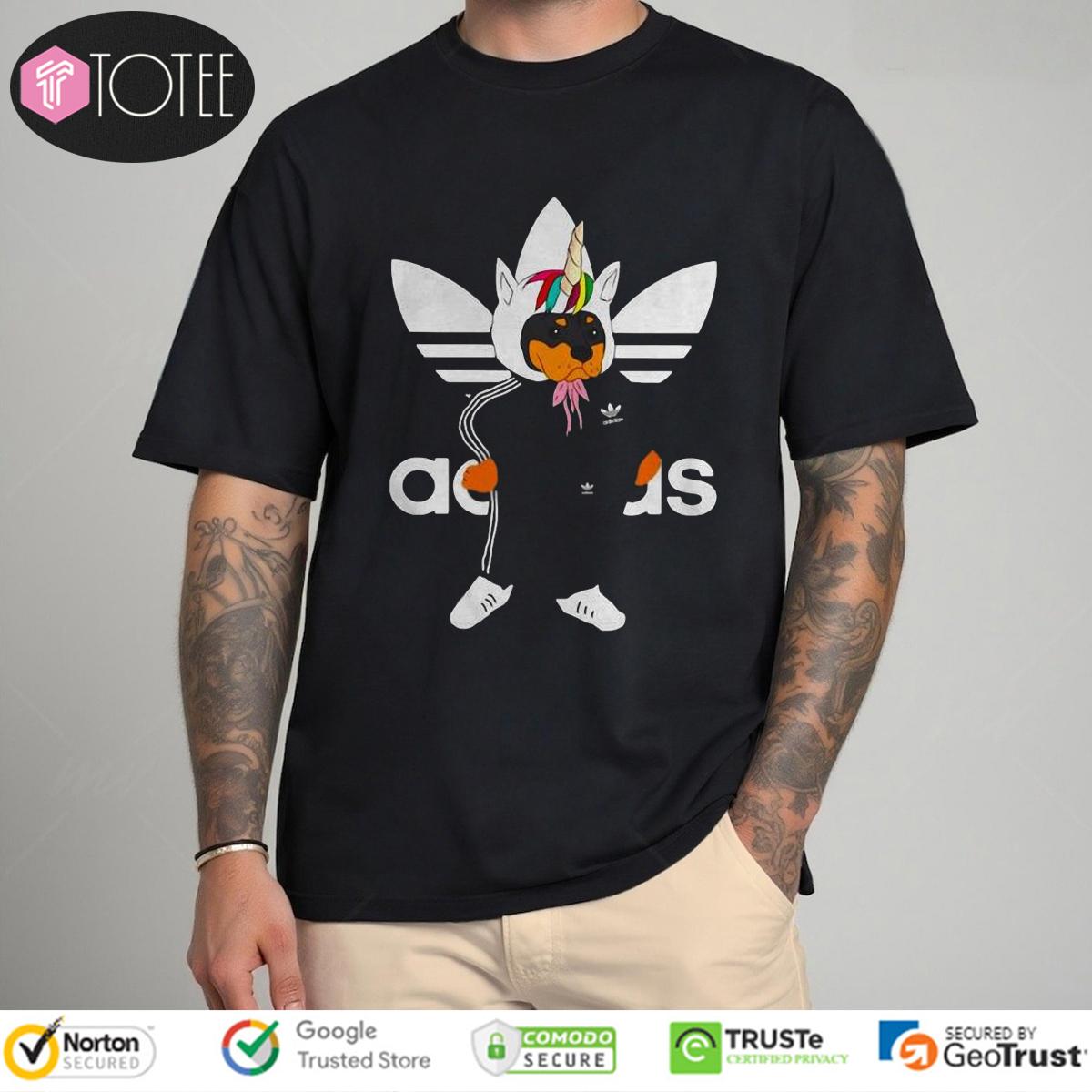 Rottweiler Wearing Unicorn Hat Parody Adidas Logo T-Shirt